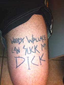 A Trinity, Texas man insulted a police officer with a vulgar tattoo on his leg. A Trinity, Texas man insulted a police officer with a vulgar tattoo on his leg.