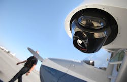 A camera mounted to a wing strut on a Cessna 172 is a component of a new aerial law enforcement surveillance system in Lancaster, Calif.