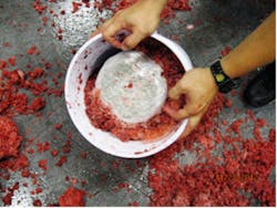 A CBP officer reveals a bundle of marijuana hidden within a container of frozen strawberries. A CBP officer reveals a bundle of marijuana hidden within a container of frozen strawberries.