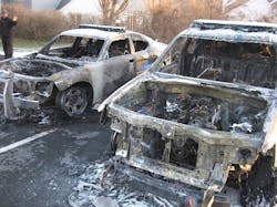 All three cruisers in the Norwich Police Department's fleet were destroyed by a Thanksgiving Day fire. All three cruisers in the Norwich Police Department's fleet were destroyed by a Thanksgiving Day fire.
