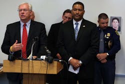 Law enforcement officers and prosecutors tell the media about the arrest of the interstate shooter. Law enforcement officers and prosecutors tell the media about the arrest of the interstate shooter.