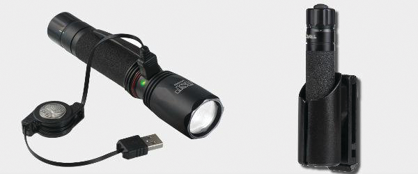 On left, the Micro USB Rechargeable Tactical LED Light. On right, the Tactical Light Case.