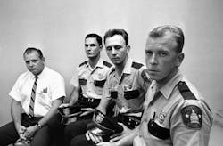 From left, Allen Crum, university co-op employee; Austin policemen Ramiro Martinez, Houston McCoy and Jerry Day, the four men who braved the deadly accurate sniper fire by Charles Joseph Whitman from the University of Texas tower are seen on Aug. 2, 1966. From left, Allen Crum, university co-op employee; Austin policemen Ramiro Martinez, Houston McCoy and Jerry Day, the four men who braved the deadly accurate sniper fire by Charles Joseph Whitman from the University of Texas tower are seen on Aug. 2, 1966.