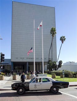 A 1969 Plymouth Belvedere police patrol car is parked in front of Los Angeles Police Department&apos;s Parker Center on Jan. 15.