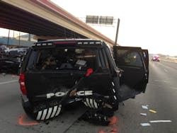 Two Carrollton police officers and a suspected drunken driver sitting in their car were injured Sunday morning when another suspected drunken driver rear-ended the patrol car. Two Carrollton police officers and a suspected drunken driver sitting in their car were injured Sunday morning when another suspected drunken driver rear-ended the patrol car.