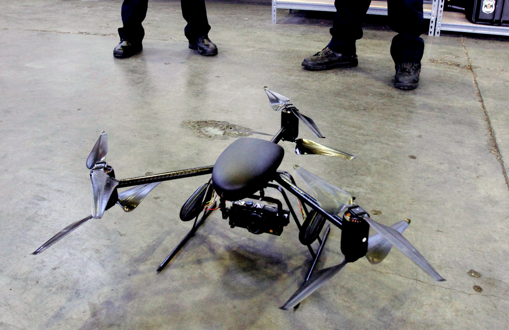 The Draganflyer X6 drone, purchased with grant fund by the Seattle Police Department, is shown on April 27, 2012.