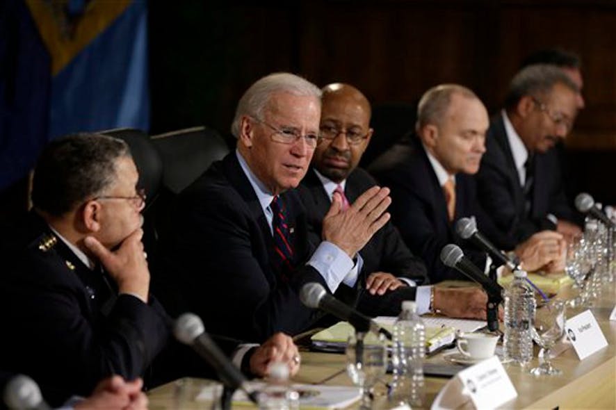Vice President Joe Biden gestures as speaks after a round table discussion on gun control on Feb. 11 at Girard College in Philadelphia.