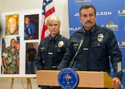 LAPD Chief Charlie Beck, right, comments on fired officer, Christopher Dorner during a news conference on Feb. 7.