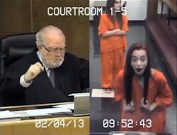 Penelope Soto, who is charged with drug possession, right, reacts after Circuit Judge Jorge Rodriguez-Chomat, left, reset her bond from $5,000 to $10,000, in Miami.