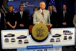 Detroit Mayor Dave Bing, center, unveils an ambitious plan by local business leaders to fund the purchase of public safety vehicles for the cash-strapped city on March 25. Detroit Mayor Dave Bing, center, unveils an ambitious plan by local business leaders to fund the purchase of public safety vehicles for the cash-strapped city on March 25.