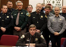 Weld County Sheriff John Cooke, center, backed by a group of fellow sheriffs, testifies against proposed gun control legislation in the Colorado Legislature at the State Capitol. Weld County Sheriff John Cooke, center, backed by a group of fellow sheriffs, testifies against proposed gun control legislation in the Colorado Legislature at the State Capitol.