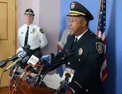 With Atlantic County Sheriff, Frank Balles in background, Atlantic City Police Chief, Ernest Jubilee responds to questions during a news conference at the United States Attorney&apos;s Office, in Camden, N.J. on March 26.