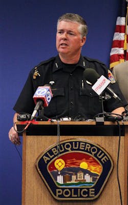 Albuquerque Police Chief Ray Schultz speaks at a press conference.