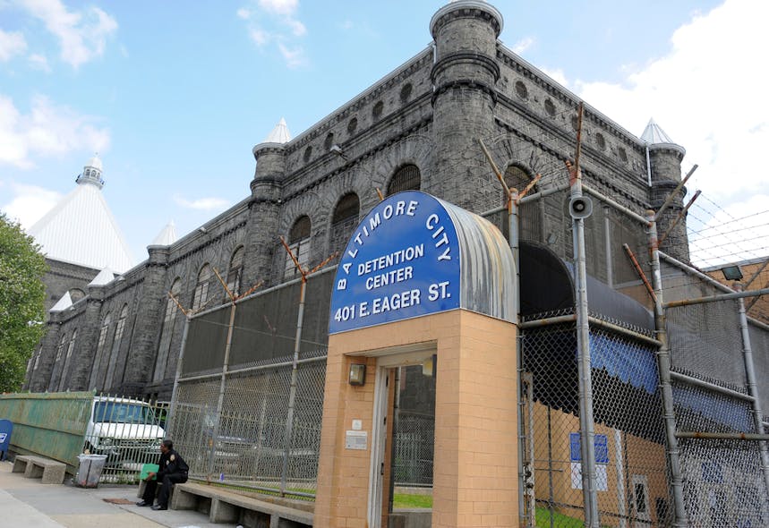 The entrance of the Baltimore City Detention Center on E. Eager Street with the Maryland State Penitentiary in the background is seen on April 23.
