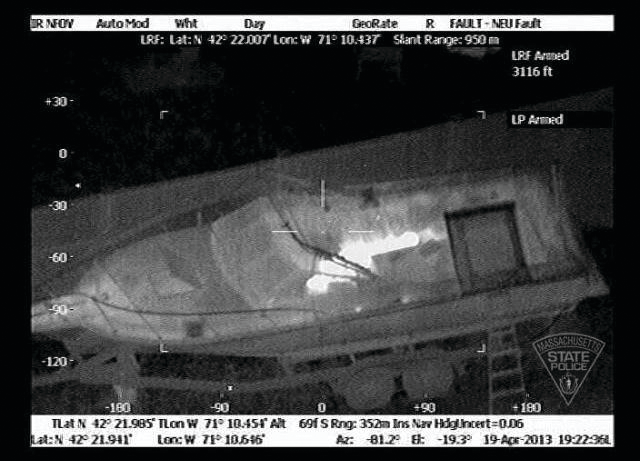 An image is seen from a Massachusetts State Police helicopter equipped with a FLIR Star SAFIRE III camera that helped locate bombing suspect Dzhokhar Tsarnaev.