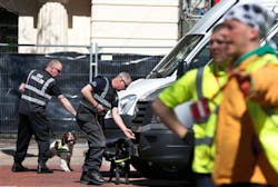 Security personnel use sniffer dogs to check vehicles at the Mall in central London on April 20, where the London Marathon finish line will be. Security personnel use sniffer dogs to check vehicles at the Mall in central London on April 20, where the London Marathon finish line will be.