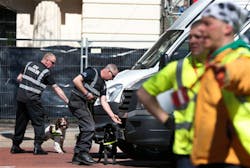 Security personnel use sniffer dogs to check vehicles at the Mall in central London on April 20, where the London Marathon finish line will be.
