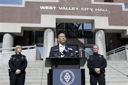 West Valley City, City Manager Wayne Pyle, center, speaks during a press conference while West Valley City Acting Police Chief Anita Schwemmer, left, and Deputy Police Chief Mike Powell, look on April 12. West Valley City, City Manager Wayne Pyle, center, speaks during a press conference while West Valley City Acting Police Chief Anita Schwemmer, left, and Deputy Police Chief Mike Powell, look on April 12.