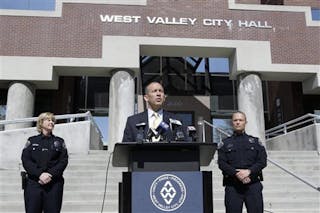 West Valley City, City Manager Wayne Pyle, center, speaks during a press conference while West Valley City Acting Police Chief Anita Schwemmer, left, and Deputy Police Chief Mike Powell, look on April 12.
