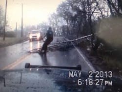 Dashcam video captured the entire incident, and Kansas City Police Officer Pepper Walker&apos;s colleagues can be heard rolling with laughter.