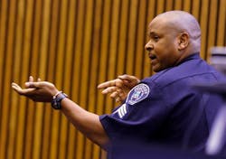 Detroit Sgt. Anthony Potts shows the way to use two hands in holding the MP-5, which is the weapon Officer Joseph Weekley used in the raid of the home where Aiyana Stanley-Jones was killed. Detroit Sgt. Anthony Potts shows the way to use two hands in holding the MP-5, which is the weapon Officer Joseph Weekley used in the raid of the home where Aiyana Stanley-Jones was killed.