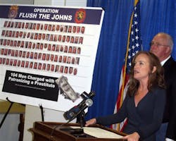 Nassau County District Attorney Kathleen Rice announces the arrest of 104 men on charges of soliciting a prostitute at a news conference on June 3 Mineola, N.Y. Nassau County District Attorney Kathleen Rice announces the arrest of 104 men on charges of soliciting a prostitute at a news conference on June 3 Mineola, N.Y.