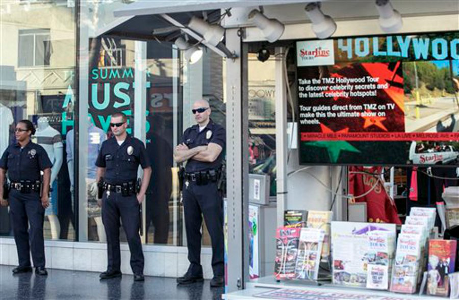 Los Angeles Police officers patrol the Hollywood Boulevard in Los Angeles on July 17.