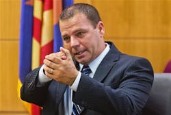 Phoenix Police Officer Richard Chrisman testifies about firing his weapon at Danny Frank Rodriguez in Oct. 2010 in the living room of a South Phoenix trailer in Maricopa County Superior Court in Phoenix on Sept. 3.