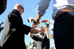 Gilberton Police Chief Mark Kessler, center, talks with the media before a closed disciplinary hearing in the borough building on Sept. 19 in Mahanoy Plane, Pa. Gilberton Police Chief Mark Kessler, center, talks with the media before a closed disciplinary hearing in the borough building on Sept. 19 in Mahanoy Plane, Pa.