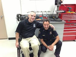 Portland Officer Paul Meyeortland is welcomed back by Police Chief Mike Reese on Sept. 3. Portland Officer Paul Meyeortland is welcomed back by Police Chief Mike Reese on Sept. 3.