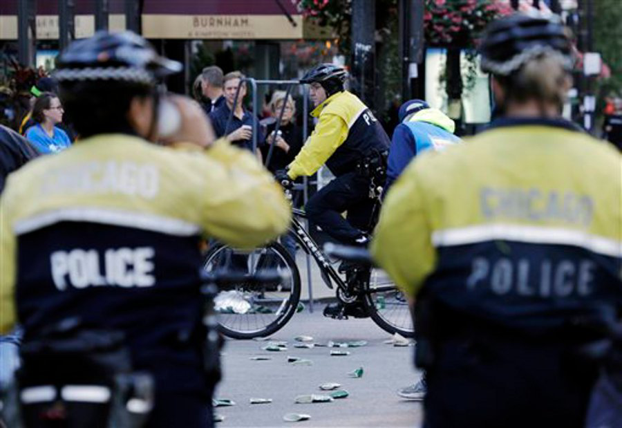 Chicago police patrol during the annual Chicago Marathon in Chicago on Oct. 13.