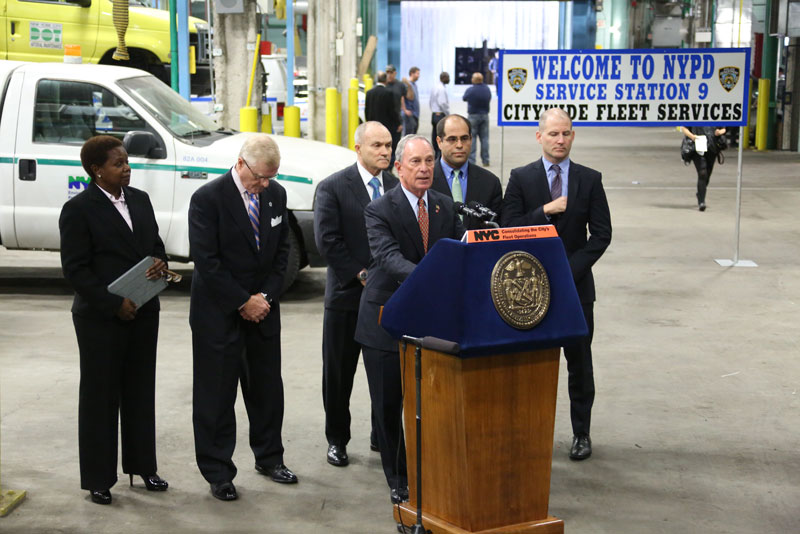 Police Commissioner Ray Kelly and Mayor Bloomberg announce the fleet consolidation at the new NYPD Citywide Service Shop #9 in Manhattan on Oct. 21 in New York.