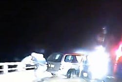 The trooper was chasing after the suspect who fled on foot from a vehicle following a pursuit the night of Nov. 1 in Saginaw County. The trooper was chasing after the suspect who fled on foot from a vehicle following a pursuit the night of Nov. 1 in Saginaw County.