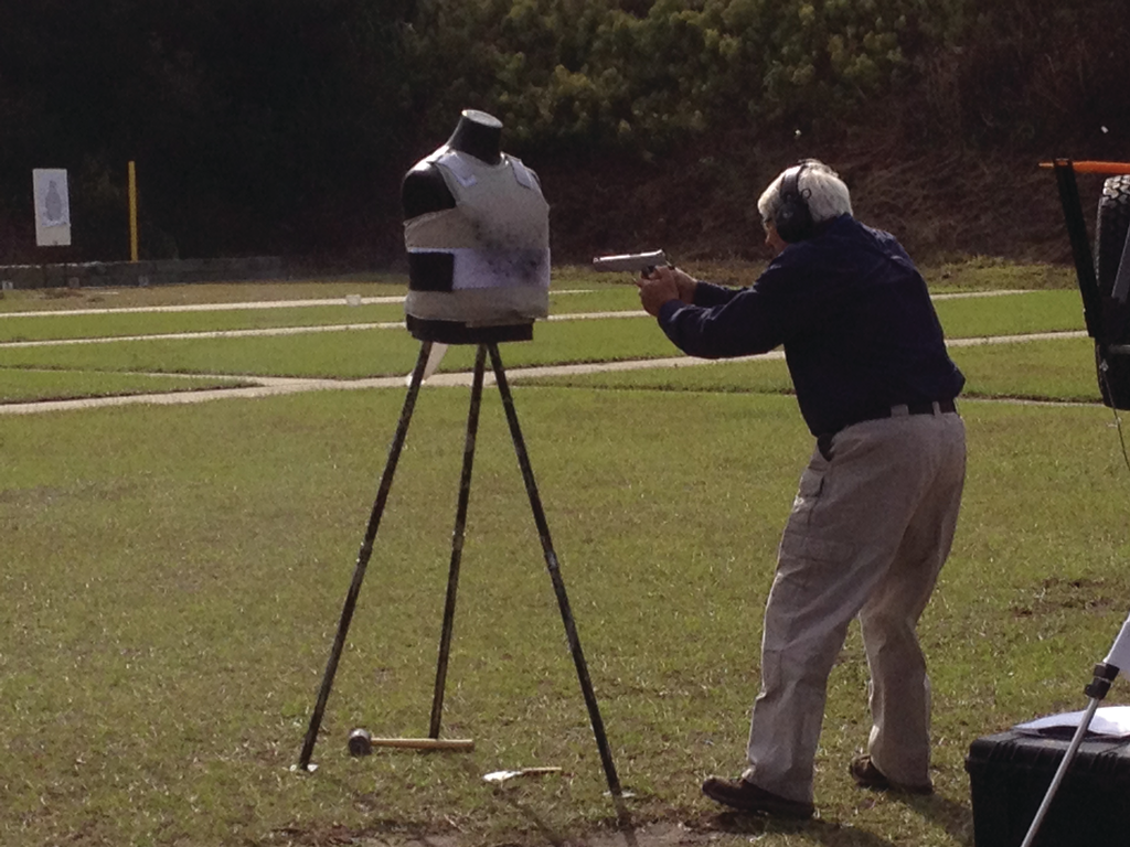 The Alpha Elite Series vest from Point Blank Enterprises is shot at close range during SWAT Round-Up in Orlando on Nov. 13.