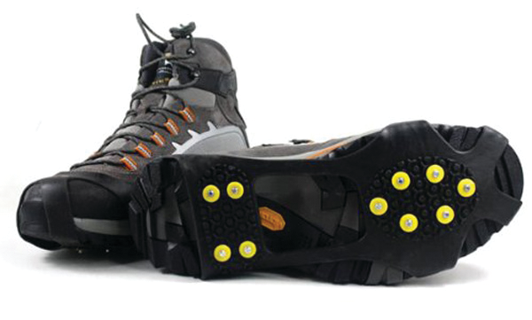 Crampons provide the needed foot traction on ice