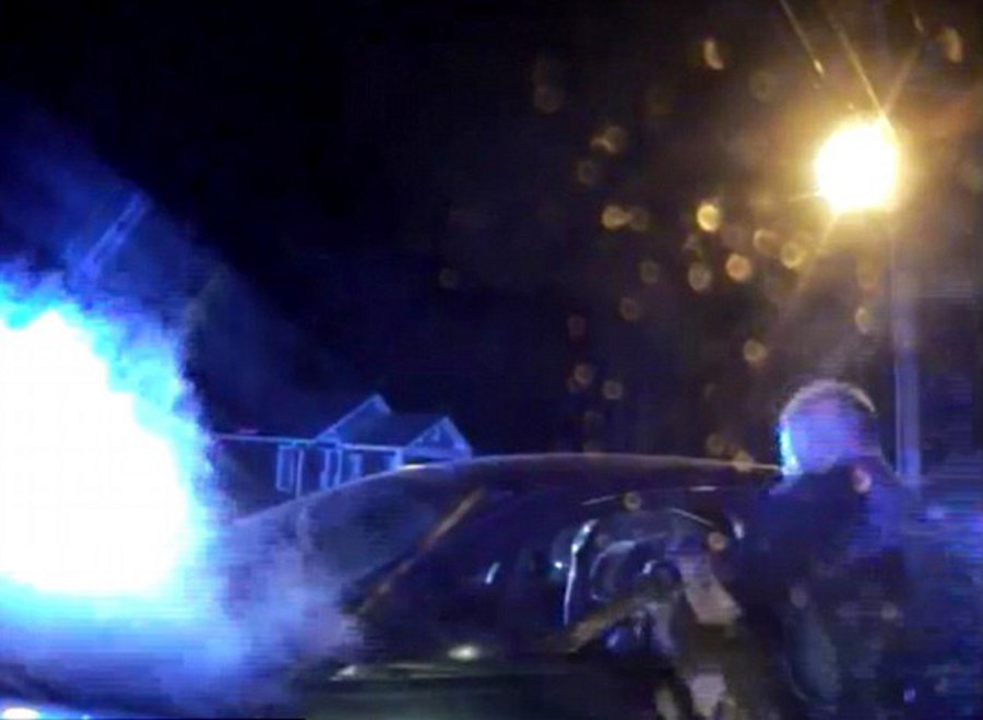 Wilmington Police Officer Stafford Brister can be seen lifting his dog into the car window of a suspect.
