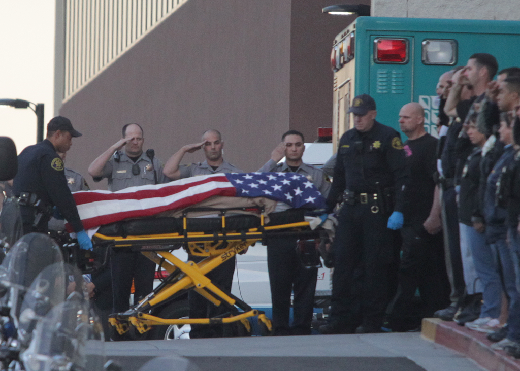 Law enforcement officers salute as the body of a Bay Area Rapid Transit police officer draped with the American flag is loaded into an Alameda County Sheriff's Coroner vehicle.