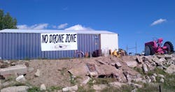 Deer Tail, Colo., Mayor Frank Fields' anti-drone message could be seen from Interstate 70 before it was stolen. Deer Tail, Colo., Mayor Frank Fields' anti-drone message could be seen from Interstate 70 before it was stolen.