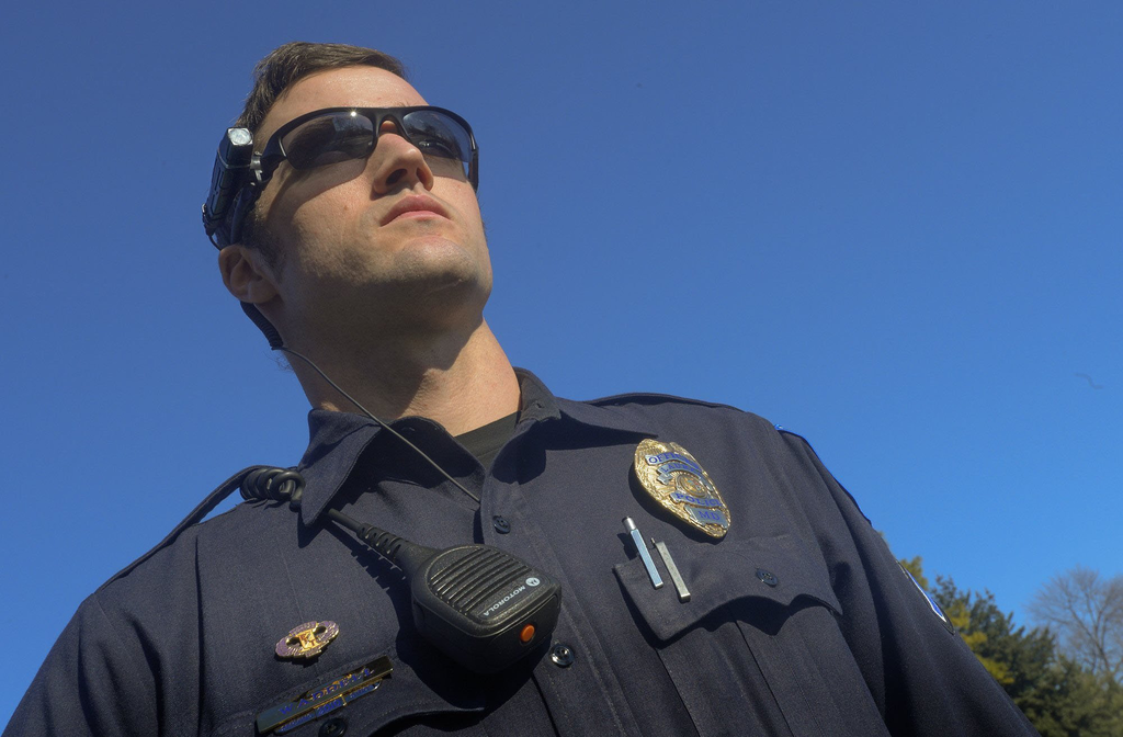 Officer Aaron Waddell of the Laurel Police Departmentwears a camera mounted to his sunglasses to monitor his interactions with the public.