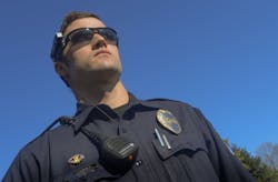 Officer Aaron Waddell of the Laurel Police Departmentwears a camera mounted to his sunglasses to monitor his interactions with the public. Officer Aaron Waddell of the Laurel Police Departmentwears a camera mounted to his sunglasses to monitor his interactions with the public.