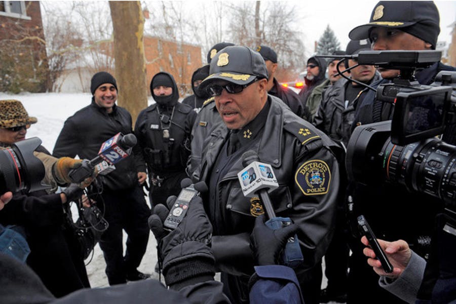 Detroit Police Chief James Craig speaks with the media during &apos;Operation Mistletoe,&apos; a raid targeting drug dealers on Detroit&apos;s west side, on Dec. 17, 2013.