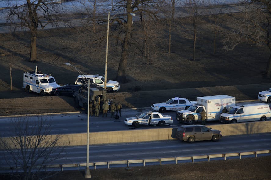 SWAT teams, state and Chicago police involved in a standoff with a murder suspect on Lake Shore Drive between Fullerton Avenue and Diversey Parkway on March 16.