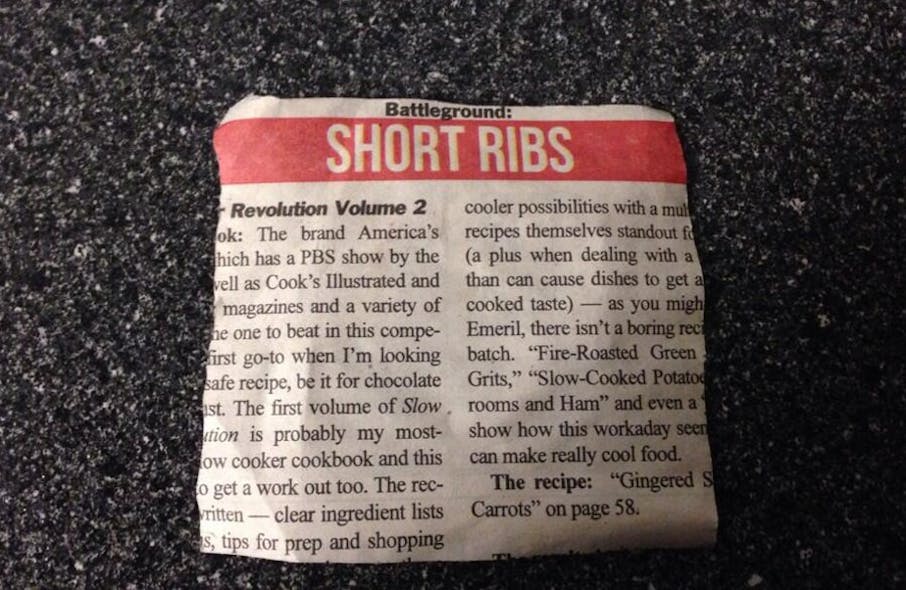 A newspaper clipping describing a recipe for short ribs landed a man in jail after he pasted the square piece of paper onto his windshield and tried to pass it off as an inspection sticker.