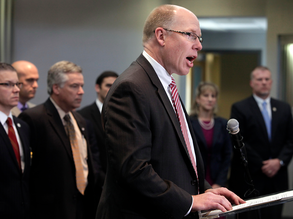 John Strong, special agent in charge of the FBI in North Carolina, addresses members of the media during a press conference at the Wake Forest Town Hall on on April 10 in Wake Forest, N.C.