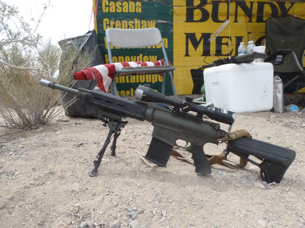 Outside the Cliven Bundy ranch in Nevada on April 22, a sentry rests his gun.