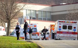 Emergency personnel are seen outside of Franklin Regional High School in Murrysville, Penn., where twenty people were injured -- at least four seriously -- in multiple stabbings this morning inside the high school on April 9.