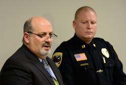 Waseca Police Captain Kris Markeson, right, and Waseca school Superintendent Tom Lee,left, speak at a news conference about the 17-year-old arrested in plot to kill family and massacre students at Waseca school.