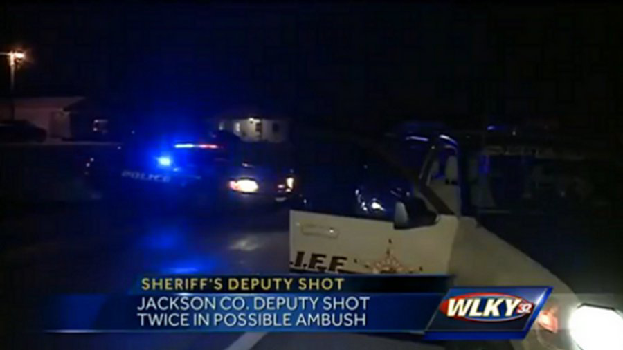 A Jackson County deputy was hit in the collarbone, above his bulletproof vest, but is expected to be OK.