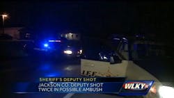 A Jackson County deputy was hit in the collarbone, above his bulletproof vest, but is expected to be OK. A Jackson County deputy was hit in the collarbone, above his bulletproof vest, but is expected to be OK.