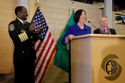 Former Boston police commissioner Kathleen O'Toole center, speaks after being introduced by Seattle Mayor Ed Murray, right, as his nominee to be Seattle's new Chief of Police on May 19. Former Boston police commissioner Kathleen O'Toole center, speaks after being introduced by Seattle Mayor Ed Murray, right, as his nominee to be Seattle's new Chief of Police on May 19.